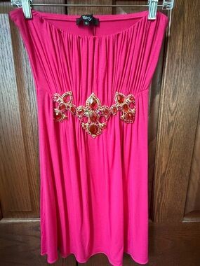 🆕 SKY Brand Y2K Pink Strapless Bejeweled Fleur de Lis Mini Dress / Size S / NWT!